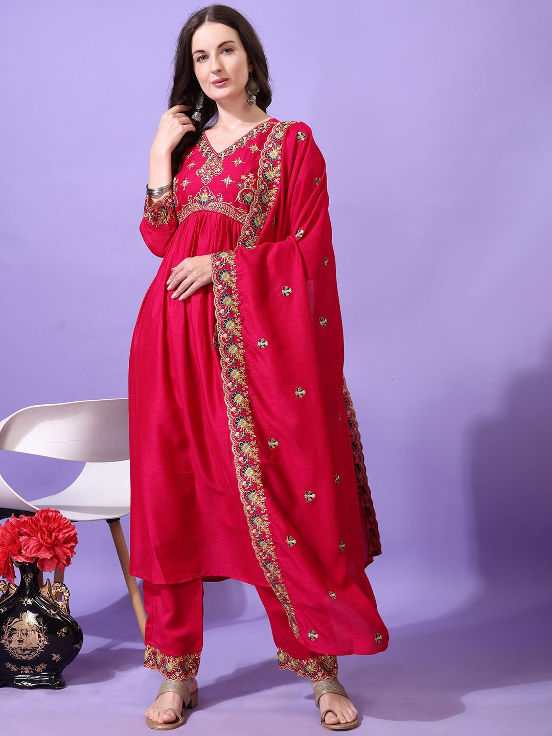 

KALINI Floral Embroidered Straight Kurta With Trouser And Dupatta, Pink