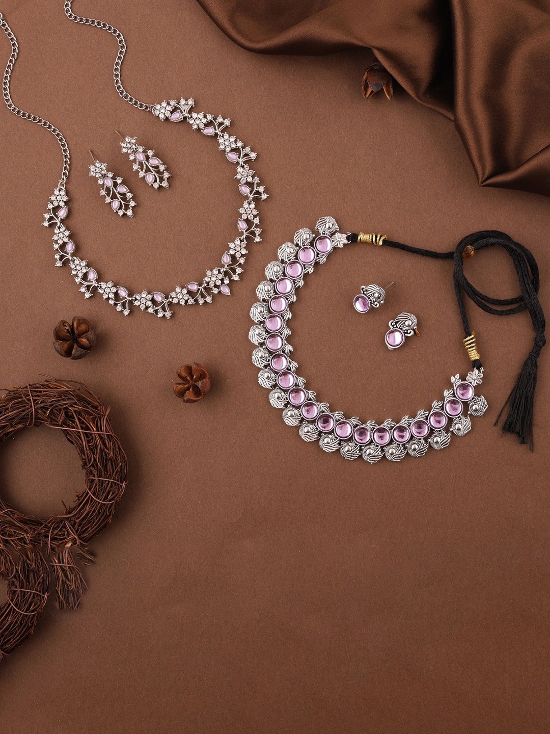 

Lyriss Set Of 2 Silver-Plated American-Diamond-Studded Jewellery Set