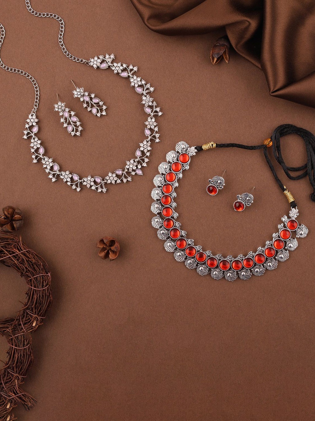 

Lyriss Set Of 2 Silver-Plated American-Diamond-Studded Jewellery Set