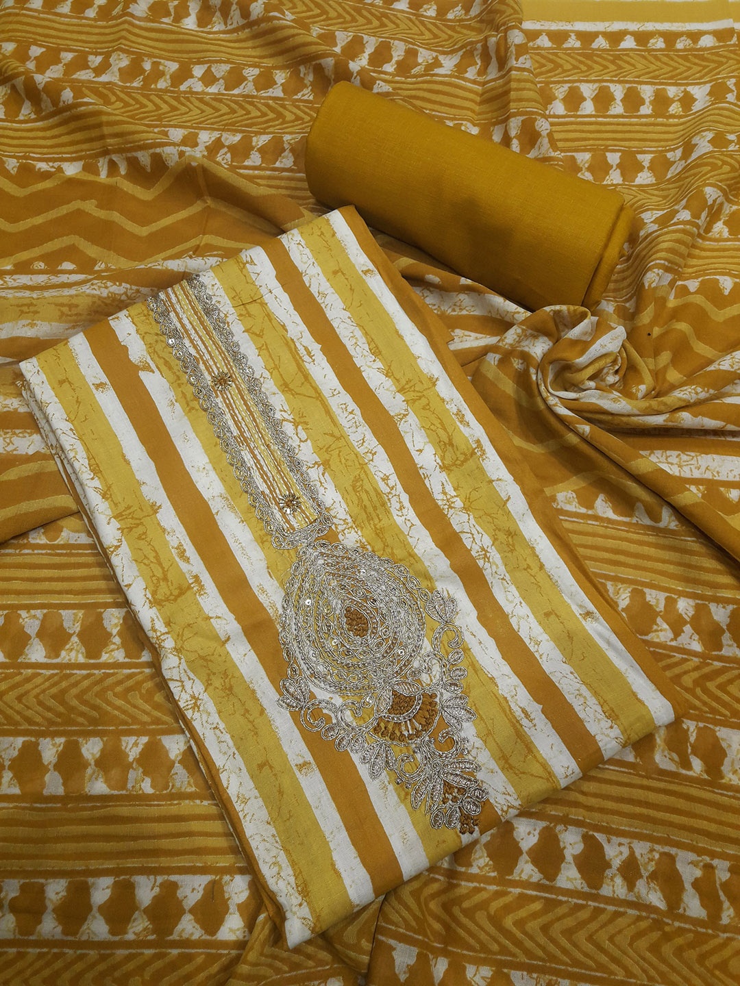 

REET MAHAL Striped Printed Pure Cotton Unstitched Dress Material, Yellow
