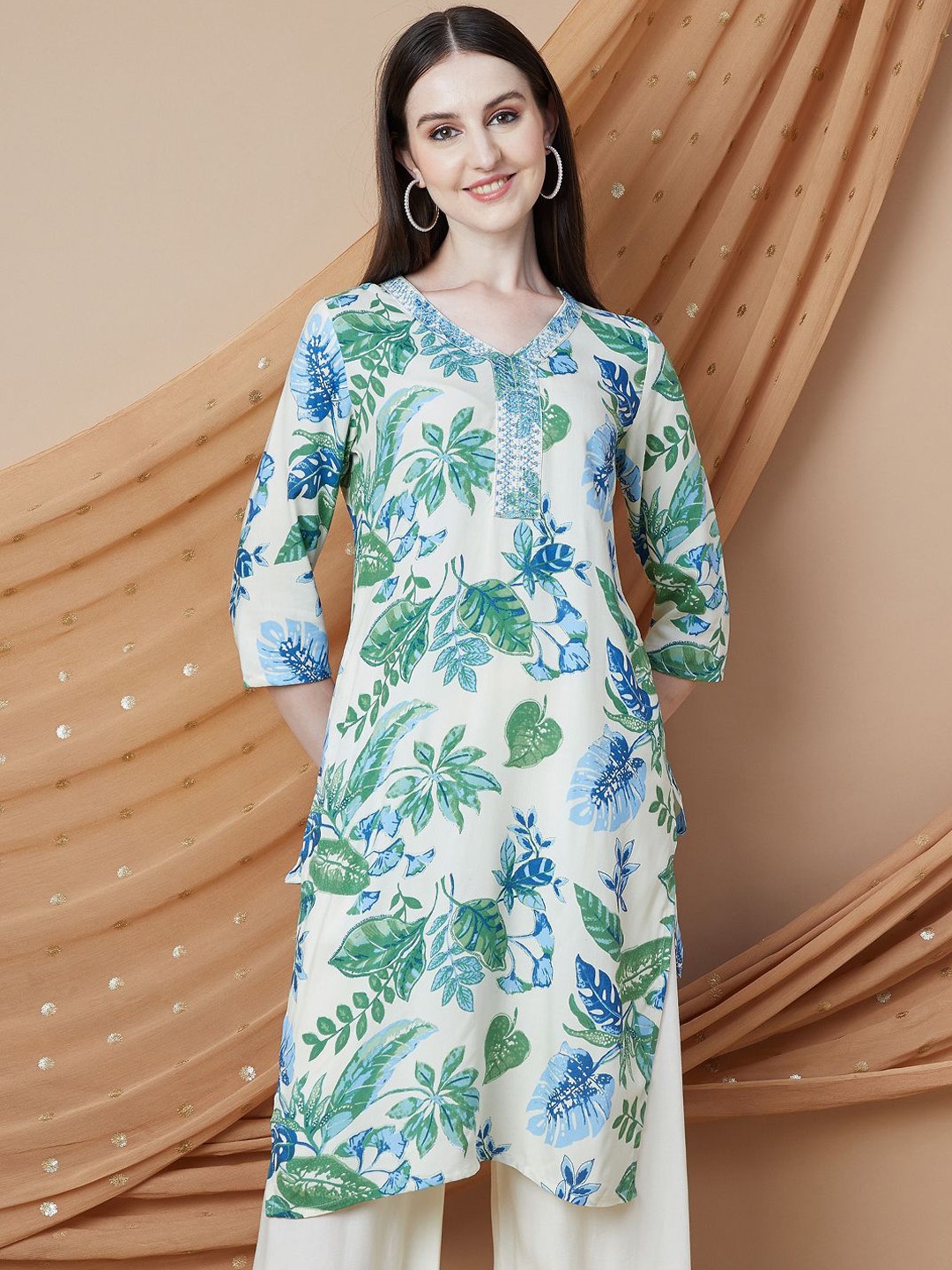 

Melange by Lifestyle Women Floral Printed Extended Sleeves Kurta, Off white