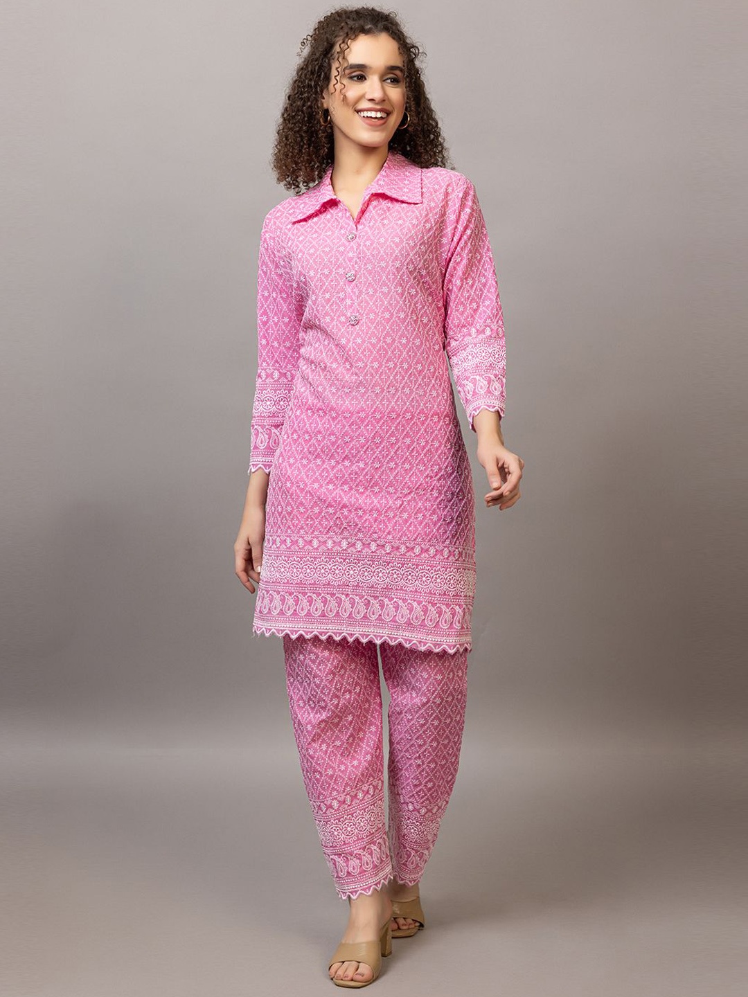 

TYSORT Embroidered Tunic & Trousers Casual Co-Ord Set, Pink