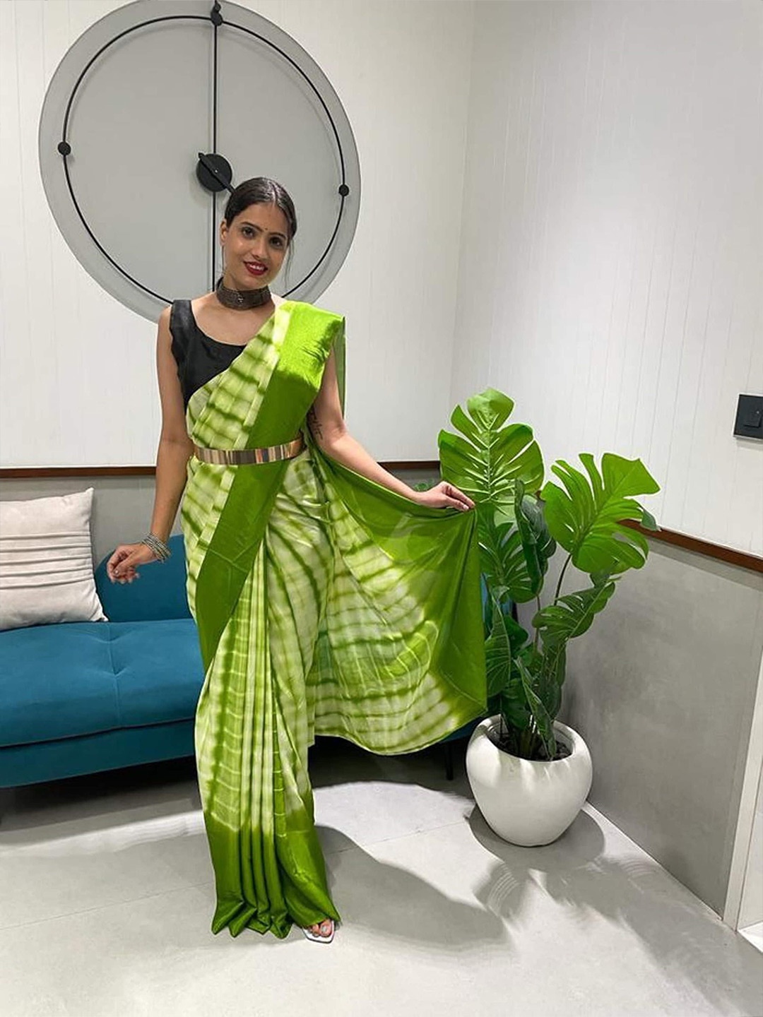 

HERE&NOW Tie and Dye Satin Jamdani Saree, Green