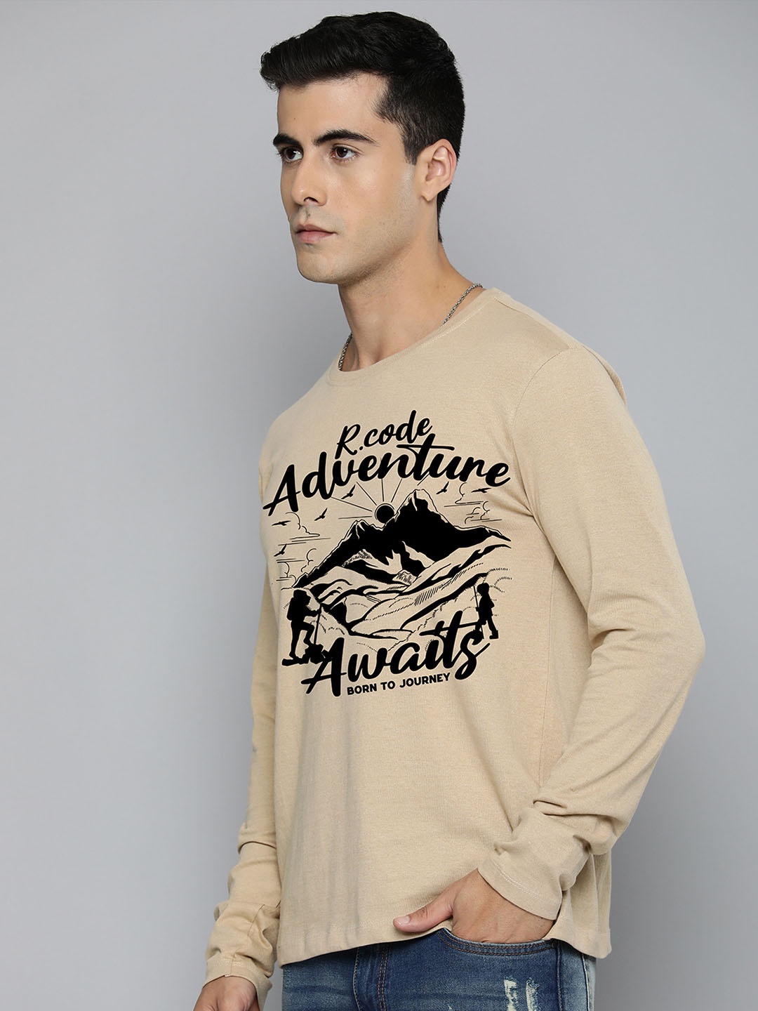 

R.Code by The Roadster Life Co. Men Typography Printed Applique T-shirt, Nude