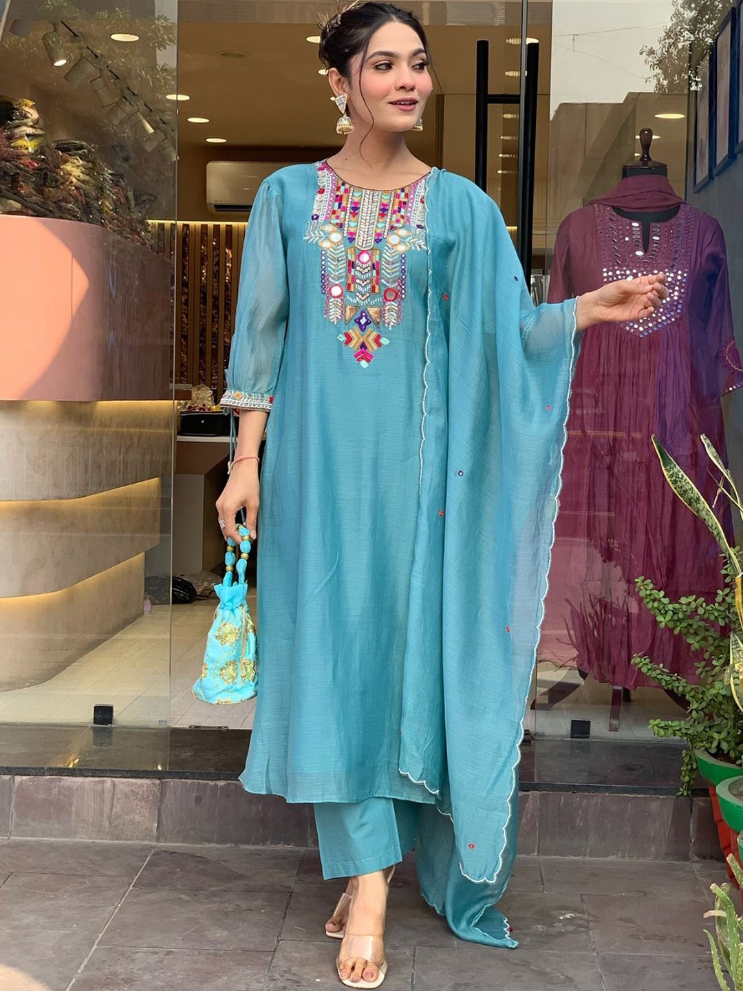 

KALINI Women Embroidered Regular Thread Work Chanderi Silk Kurta with Trousers & With Dupatta, Blue