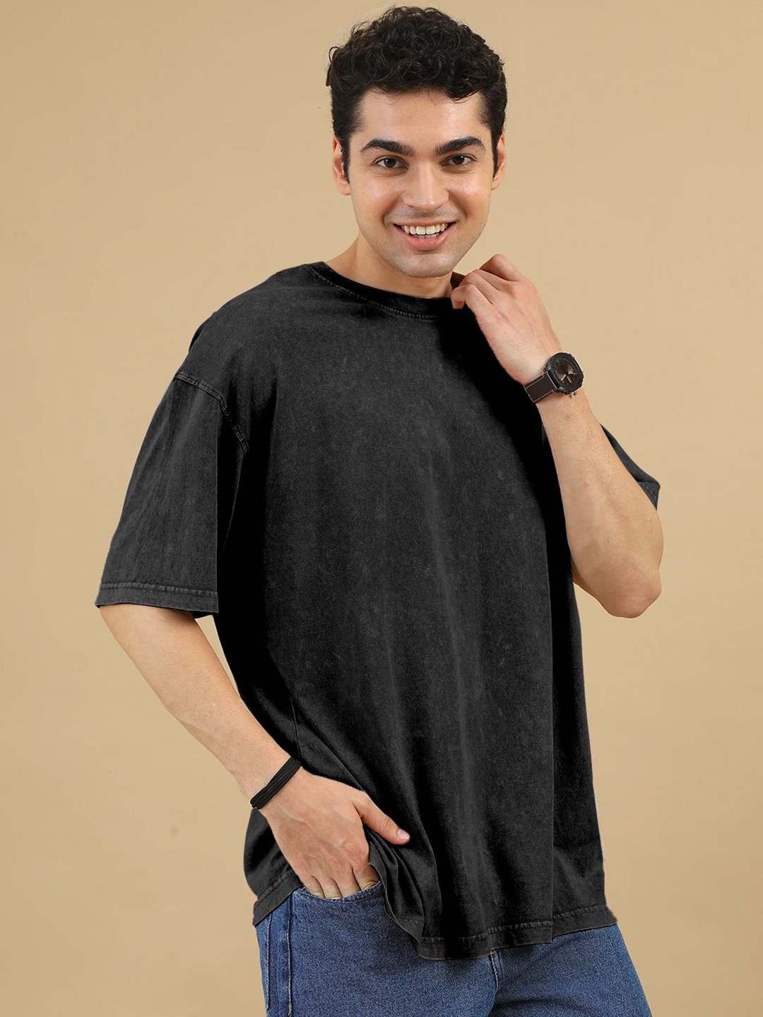 

Crazymonk Men Drop-Shoulder Sleeves Pockets T-shirt, Black