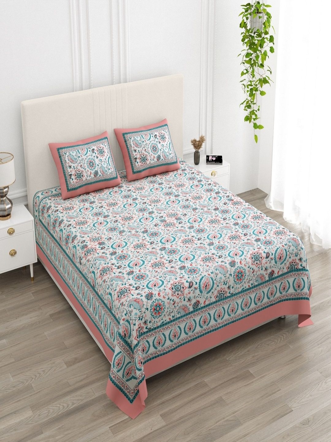 

tundwal's Blue & Pink Floral Printed 210 TC Cotton King Bedsheet Set 2.28 m x 2.74 m