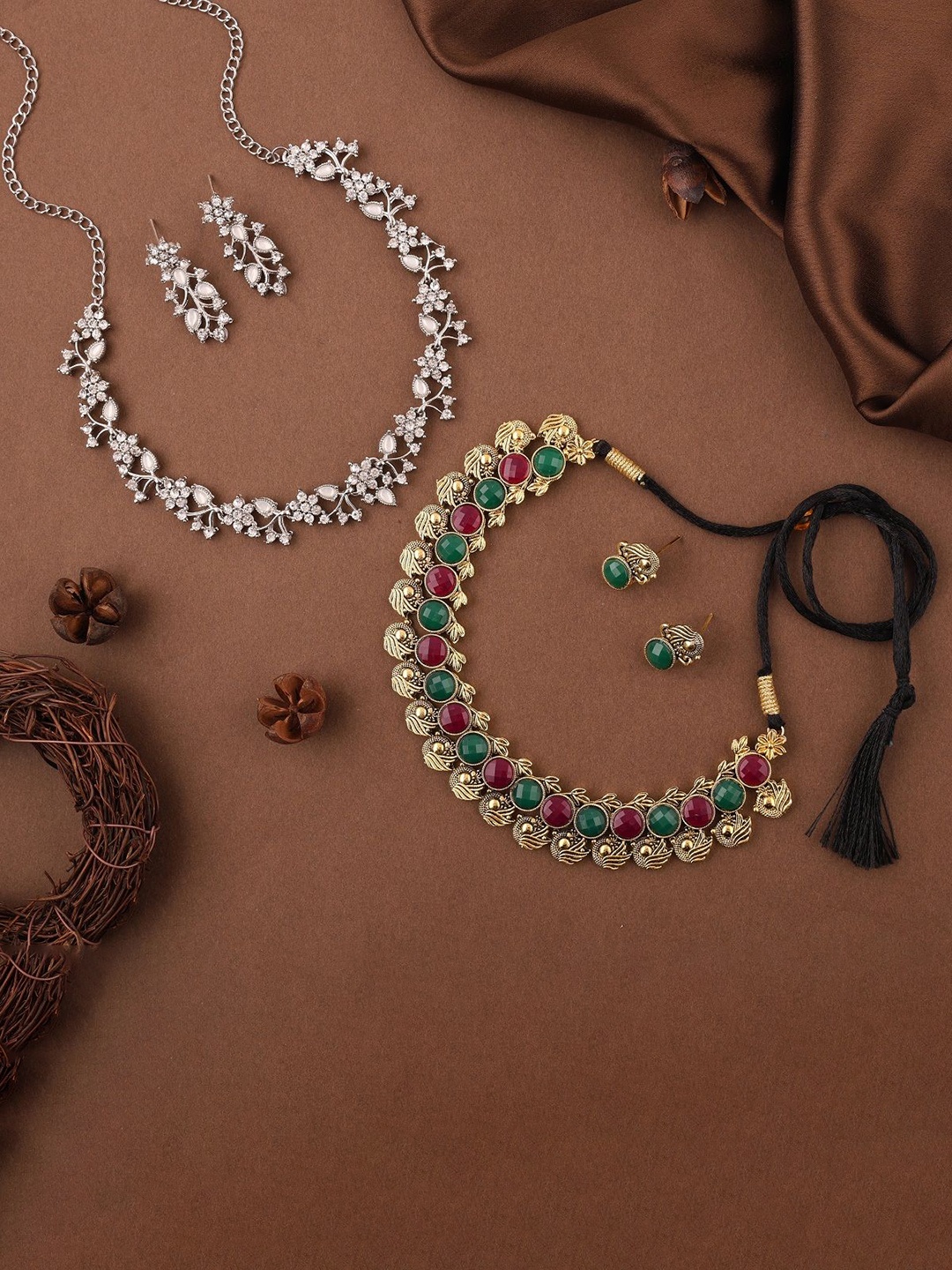 

Lyriss Set Of 2 Gold & Sliver-Plated American Diamond-Studded Jewellery Set