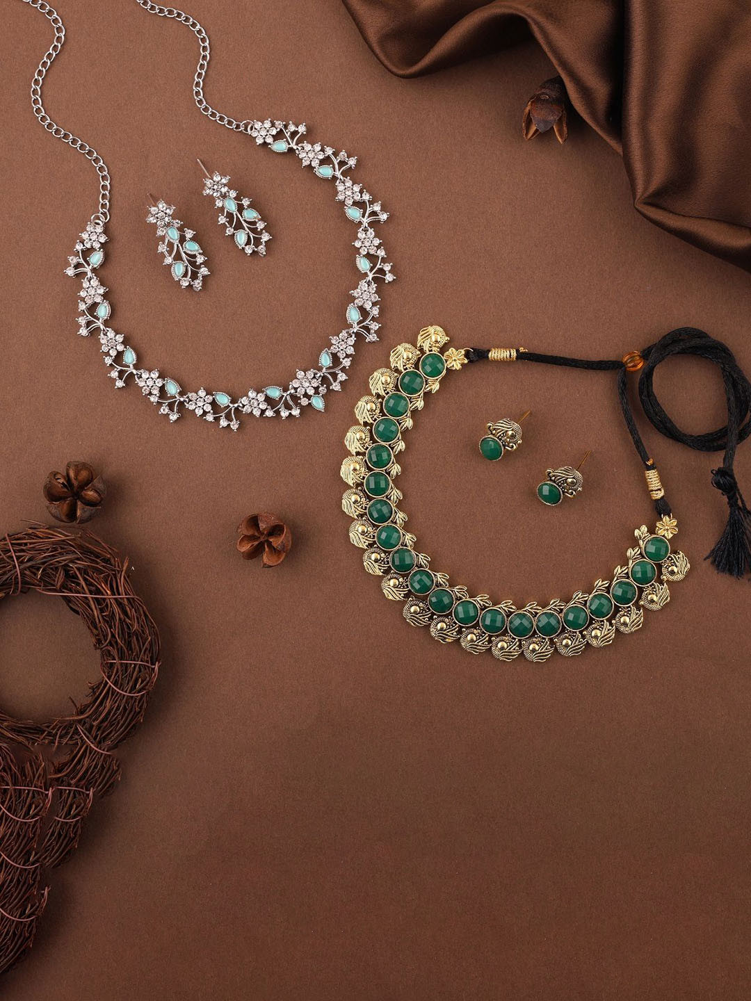 

Lyriss Set Of 2 Gold & Sliver-Plated American Diamond-Studded Jewellery Set