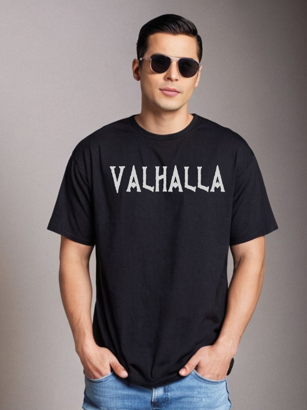 

Be Crazy Viking Valhala Graphic Printed Oversized Baggy Cotton T-Shirt, Black