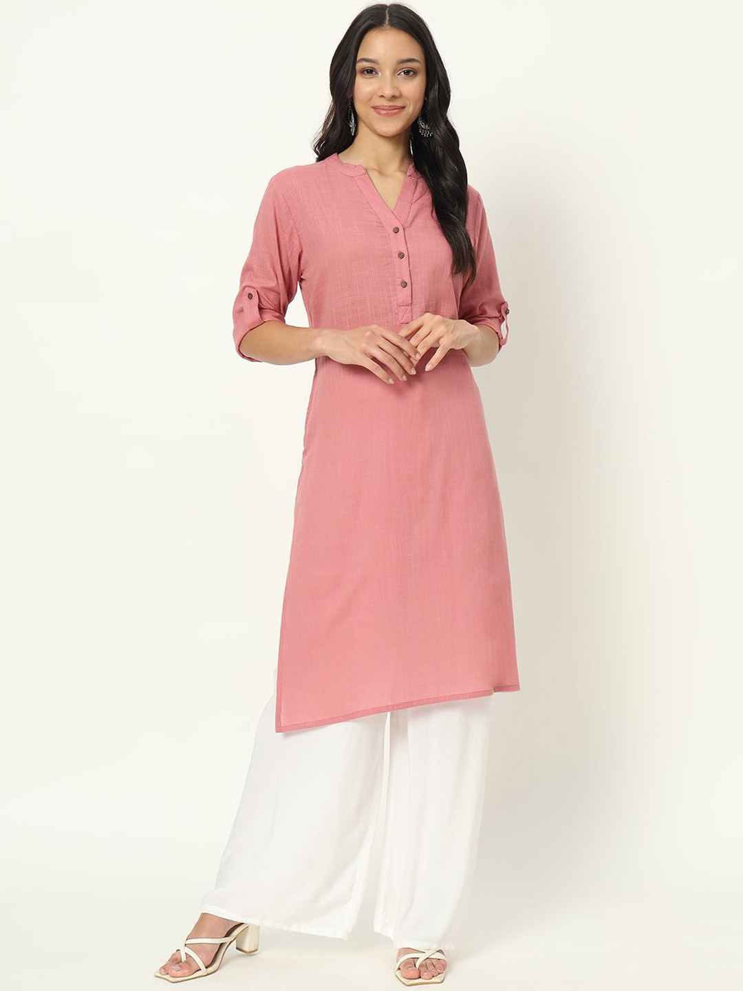 

Laad Mandarin Collar Roll-Up Sleeves Linen Thread Work Straight Kurta, Rose