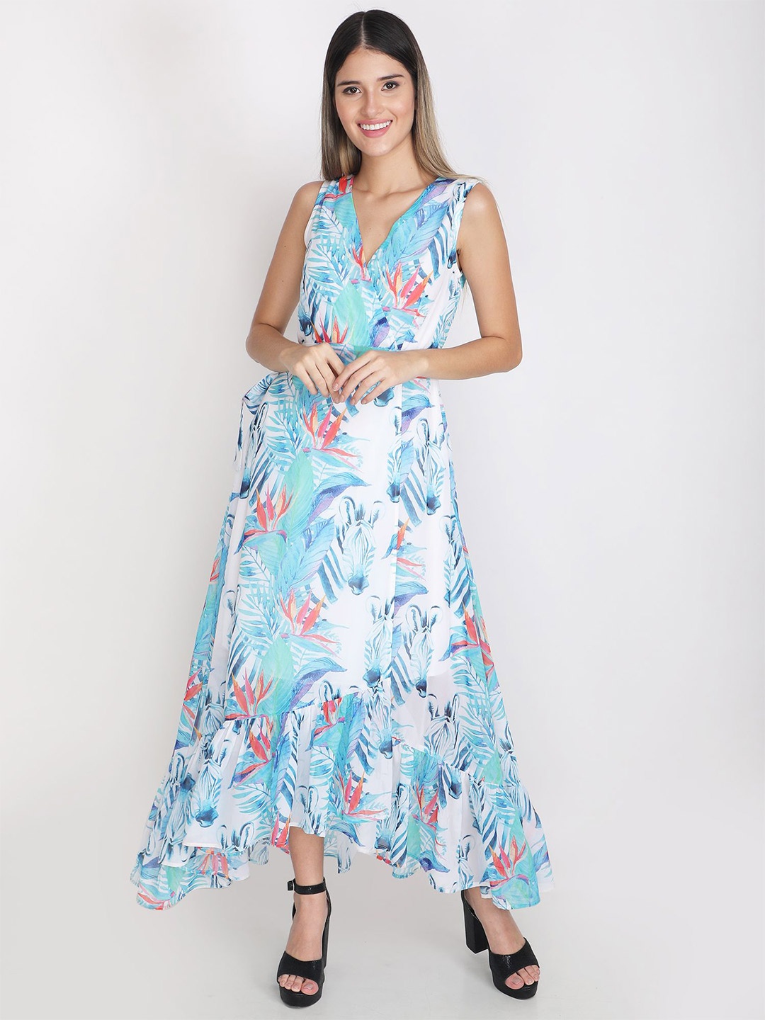 

JAKANARY Floral Print Georgette Fit & Flare Maxi Dress, Sea green