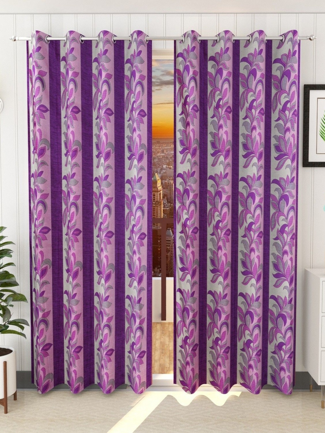 

Galaxy Home Decor Purple & Grey 2 Pieces Floral Printed Room Darkening Window Curtains