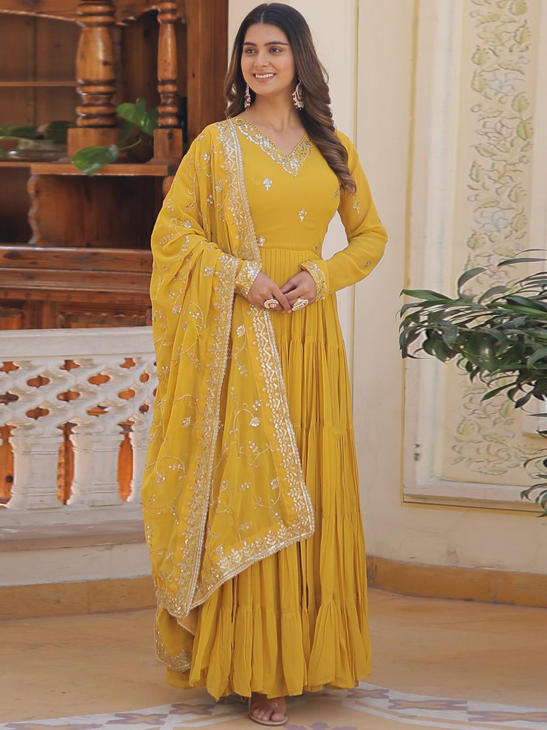 

Fashion Basket Embroidered Gown Maxi Ethnic Dress With Dupatta, Yellow