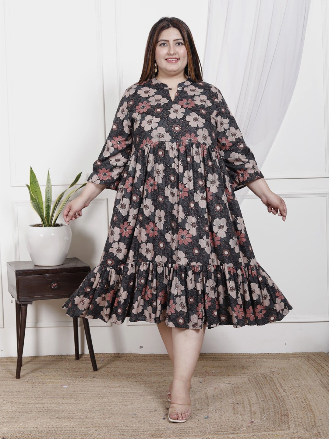 

KALINI Ethnic Motifs Print Fit & Flare Maxi Dress, Black