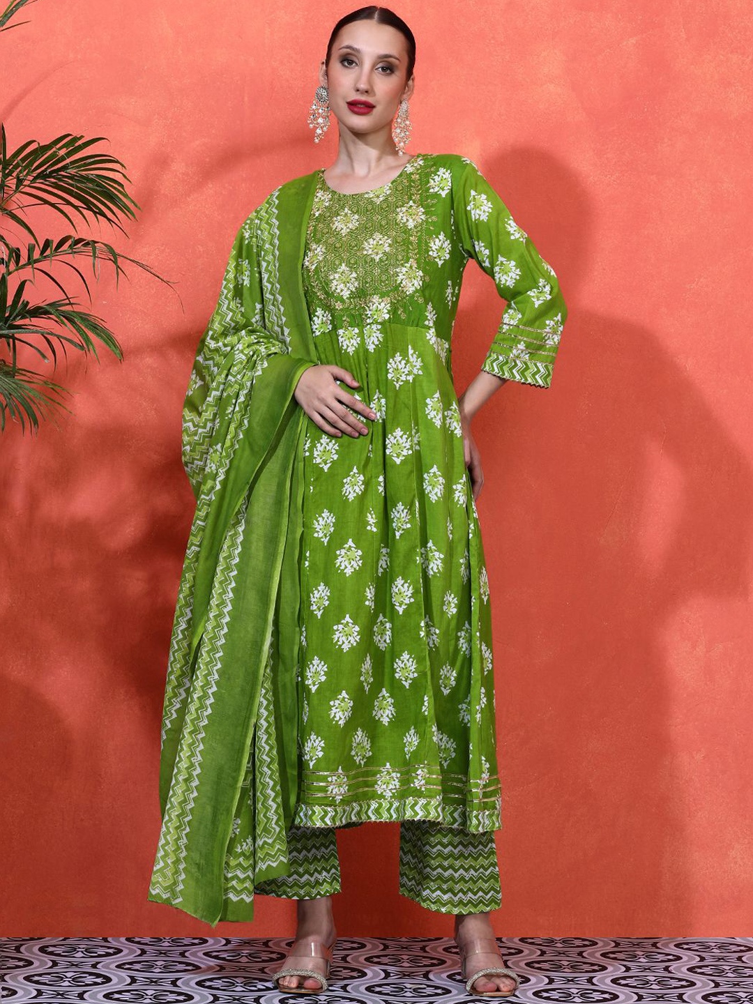 

Sangria Floral Embroidered A-Line Pure Cotton Kurta With Trousers & Dupatta, Green