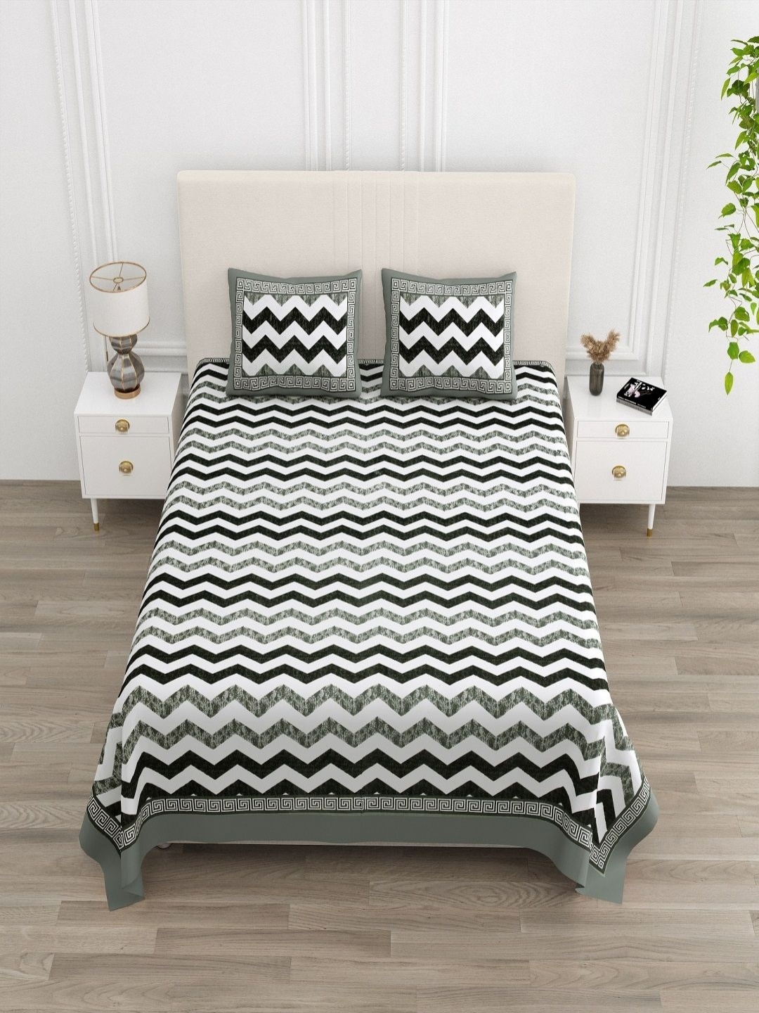 

tundwal's White & Black Chevron Printed 210 TC Cotton King Bedsheet Set 2.2 m x 2.74 m