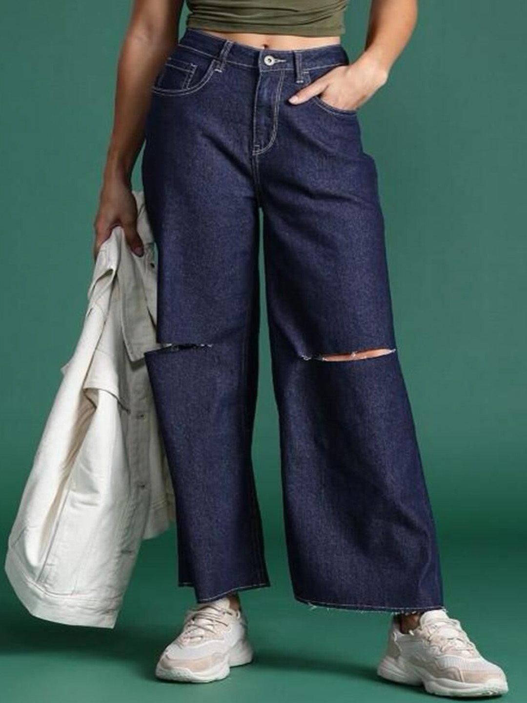 

Perfect Outlet Women Straight Fit High-Rise Slash Knee Stretchable Jeans, Navy blue