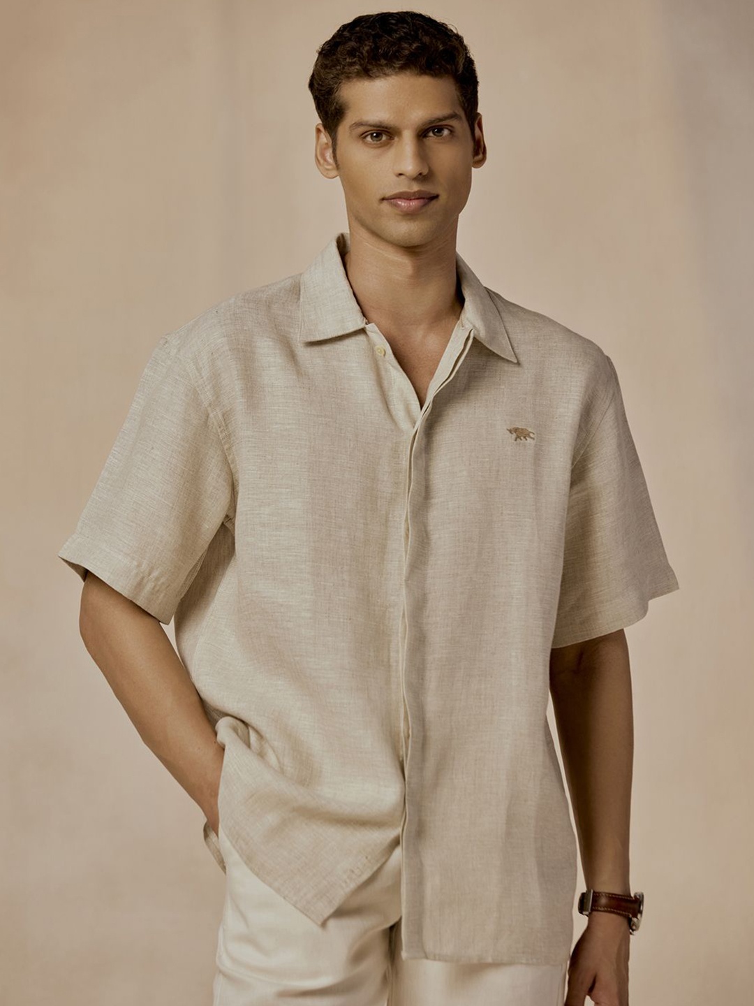 

Andamen Men Casual Linen Solid Relaxed Fit Shirt, Beige