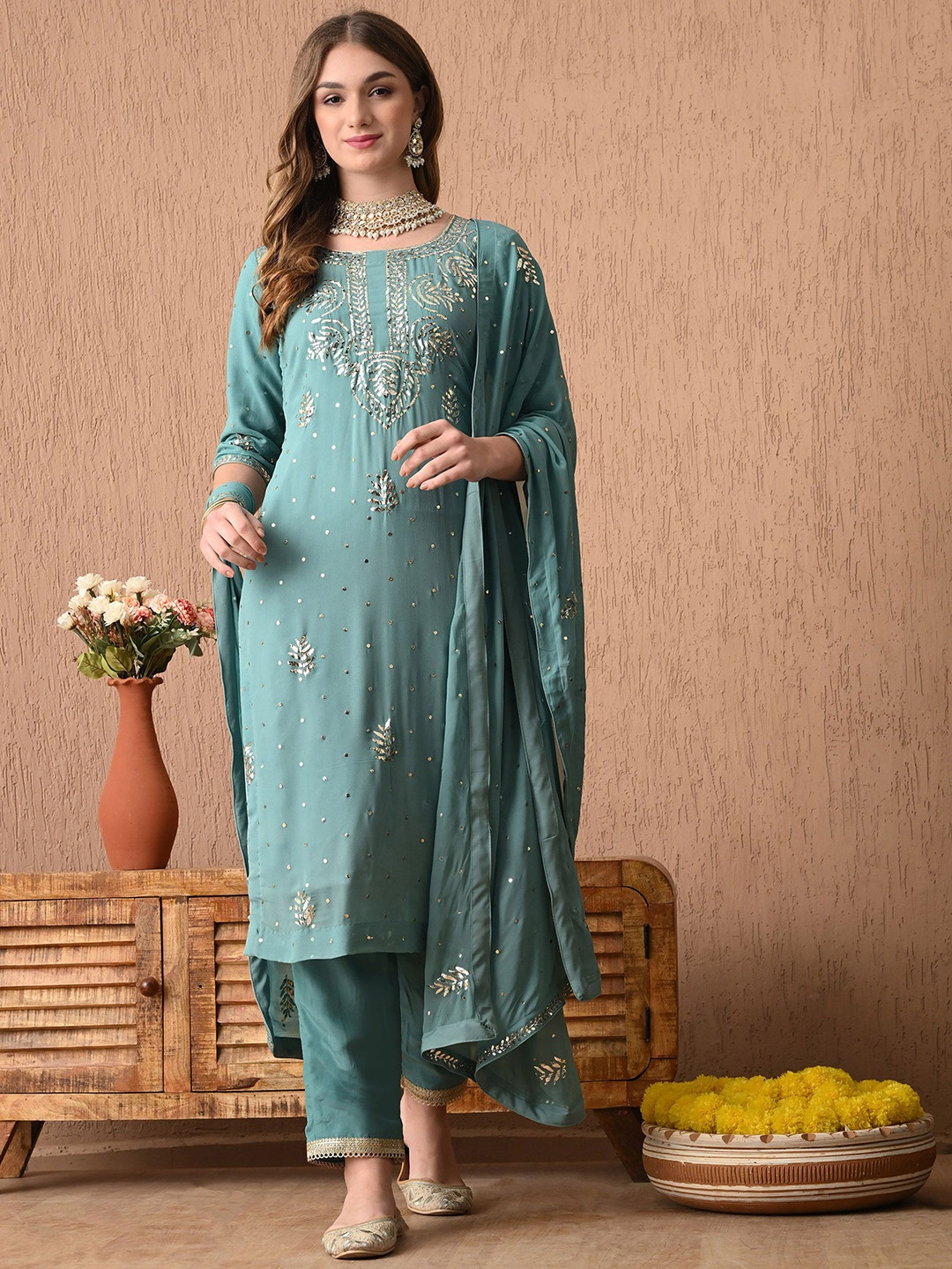 

ZARIKALI Women Embroidered Regular Sequinned Kurta with Trousers & With Dupatta, Grey