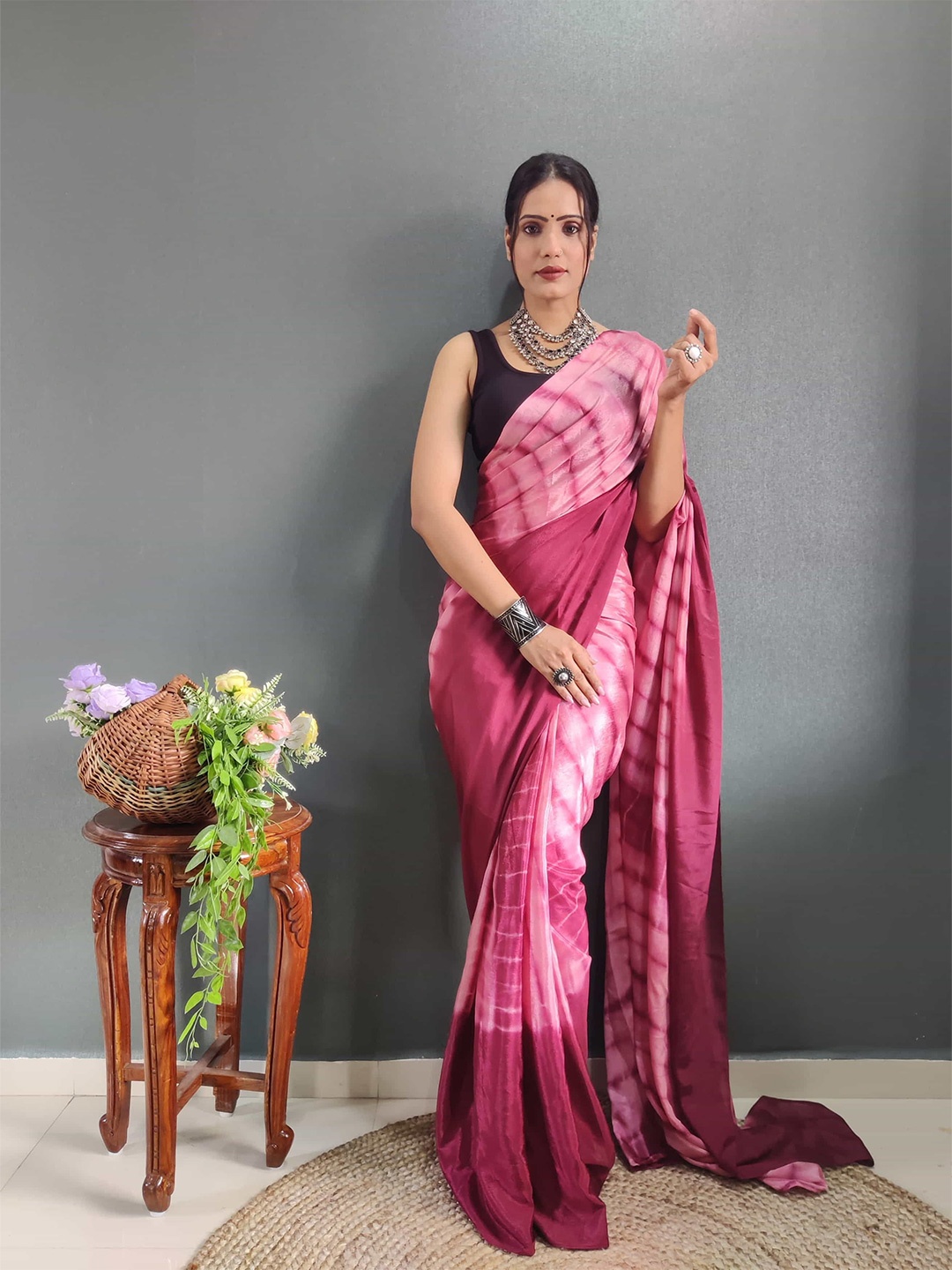 

HERE&NOW Striped Satin Jamdani Saree, Pink