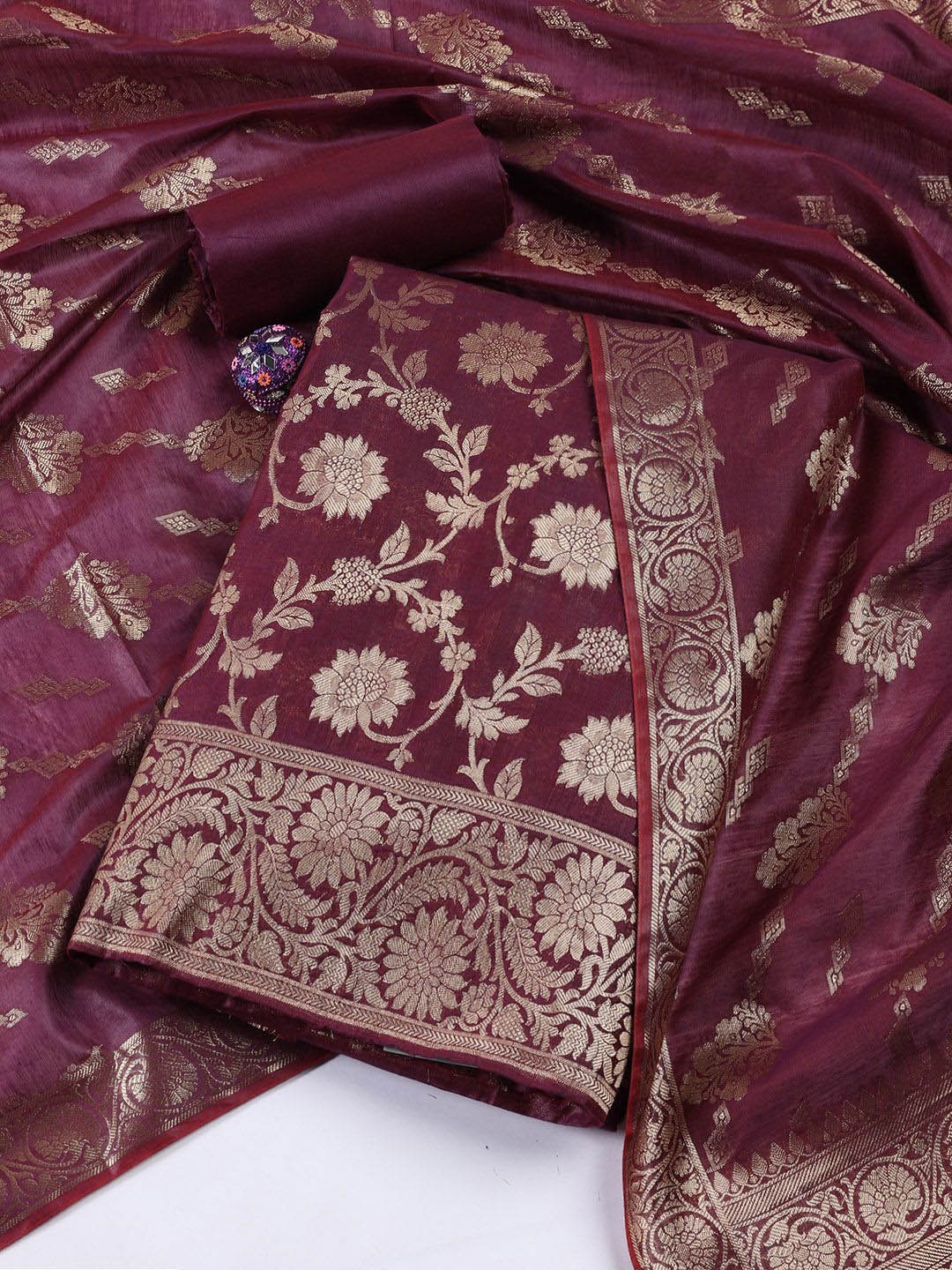 

Meena Bazaar Art Silk Unstitched Dress Material, Burgundy