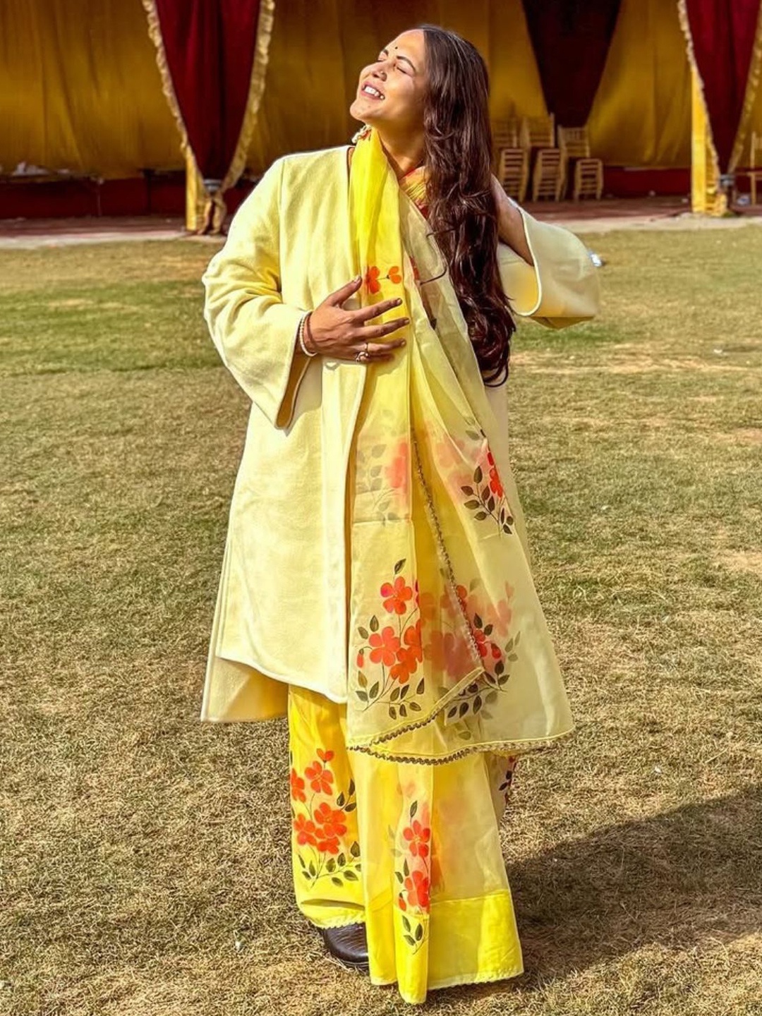

Noor by Hansa Floral Painted Organza Silk Saree, Yellow