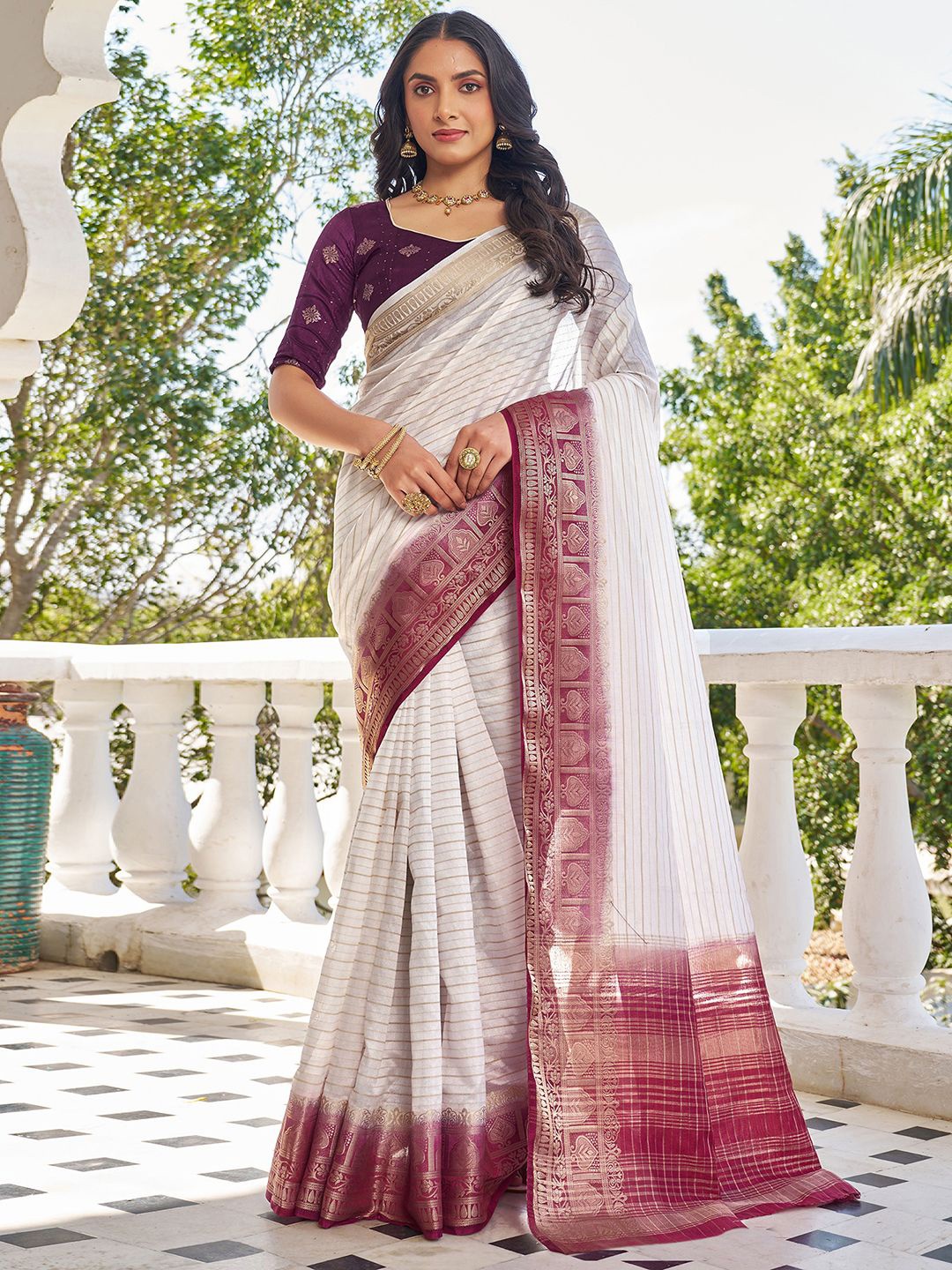 

all about you Woven Design Zari Pure Silk Designer Patola Saree, Off white