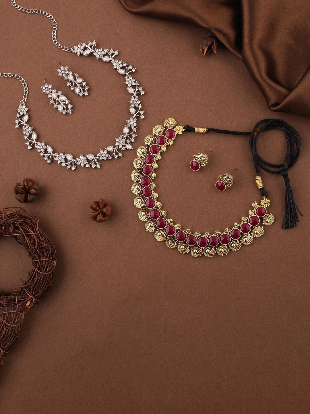 

Lyriss Set Of 2 Gold & Silver Plated AD Stone Studded Jewellery Sets