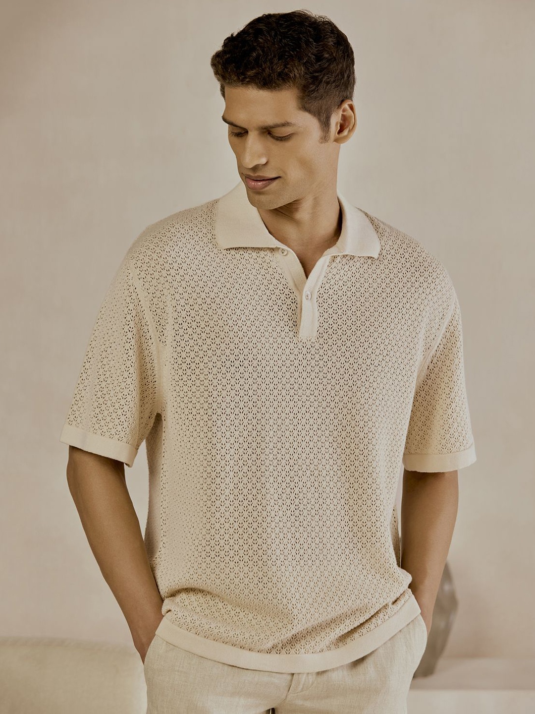 

Andamen Men Casual Organic Cotton Texture Relaxed Fit Polo T-Shirt, Off white