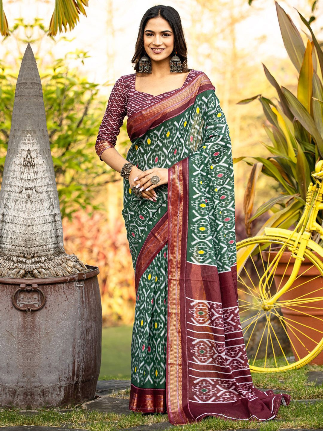 

KALINI Zari Ikat Saree, Green