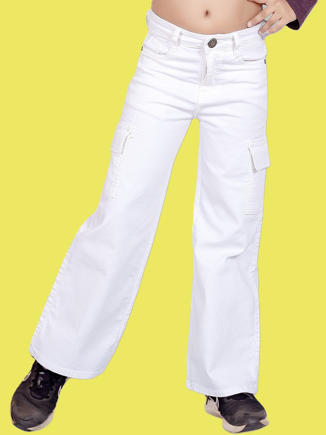 

ADBUCKS Girls Wide Leg High-Rise Mildly Distressed Stretchable Jeans, White