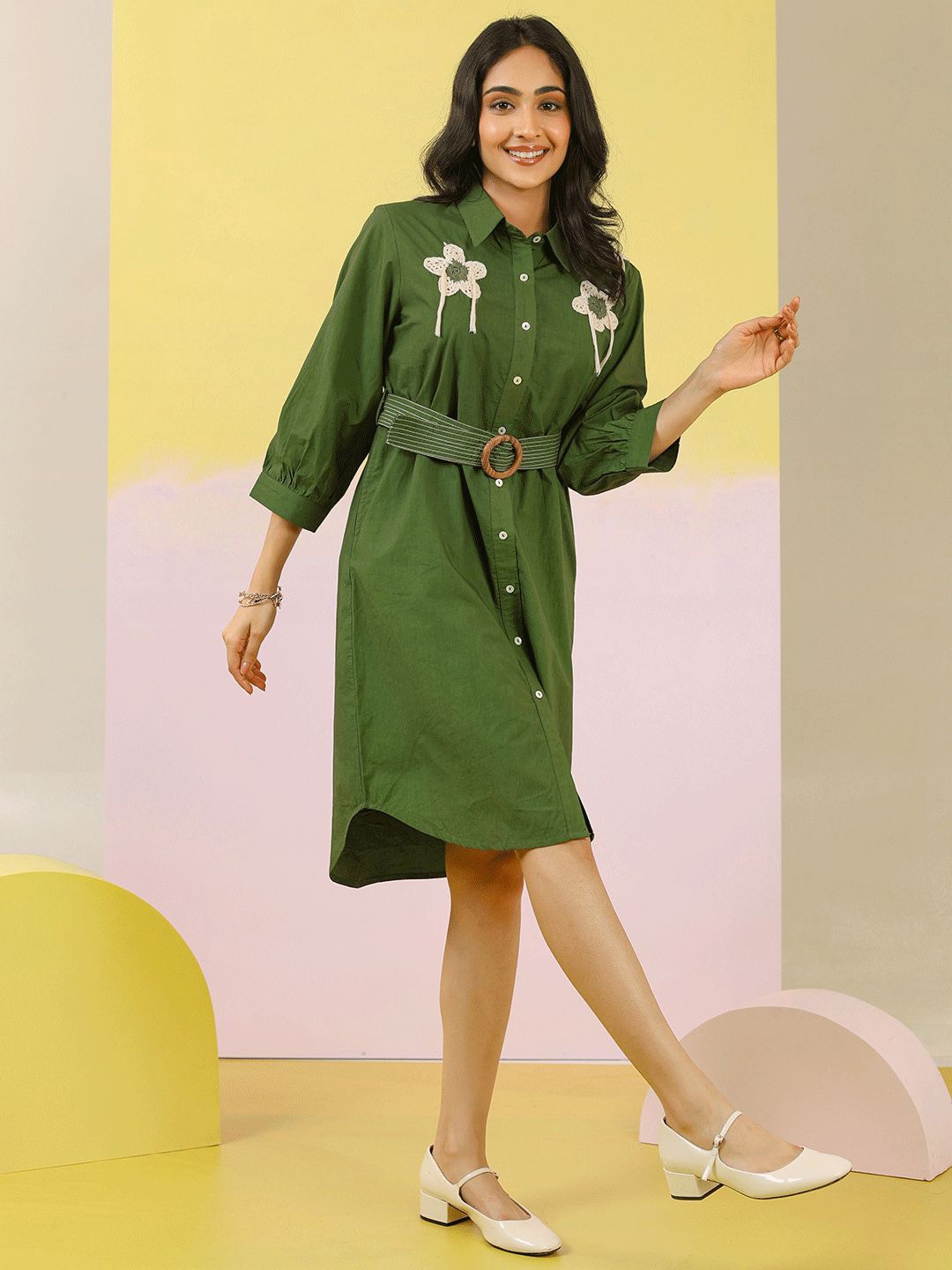 

ZUMMER Floral Embroidered Applique Shirt Dress, Green