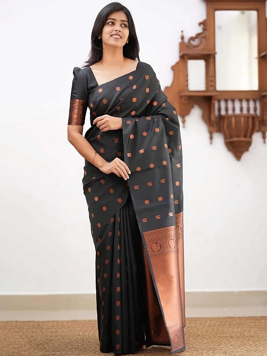 

Moda Rapido Ethnic Motifs Zari Silk Blend Banarasi Saree, Black