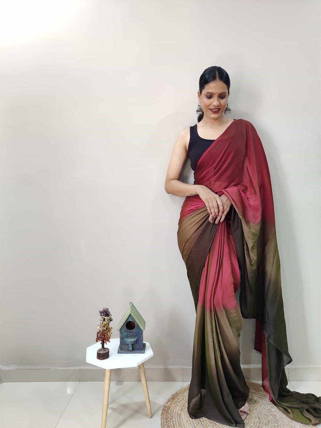 

HERE&NOW Striped Satin Jamdani Saree, Maroon