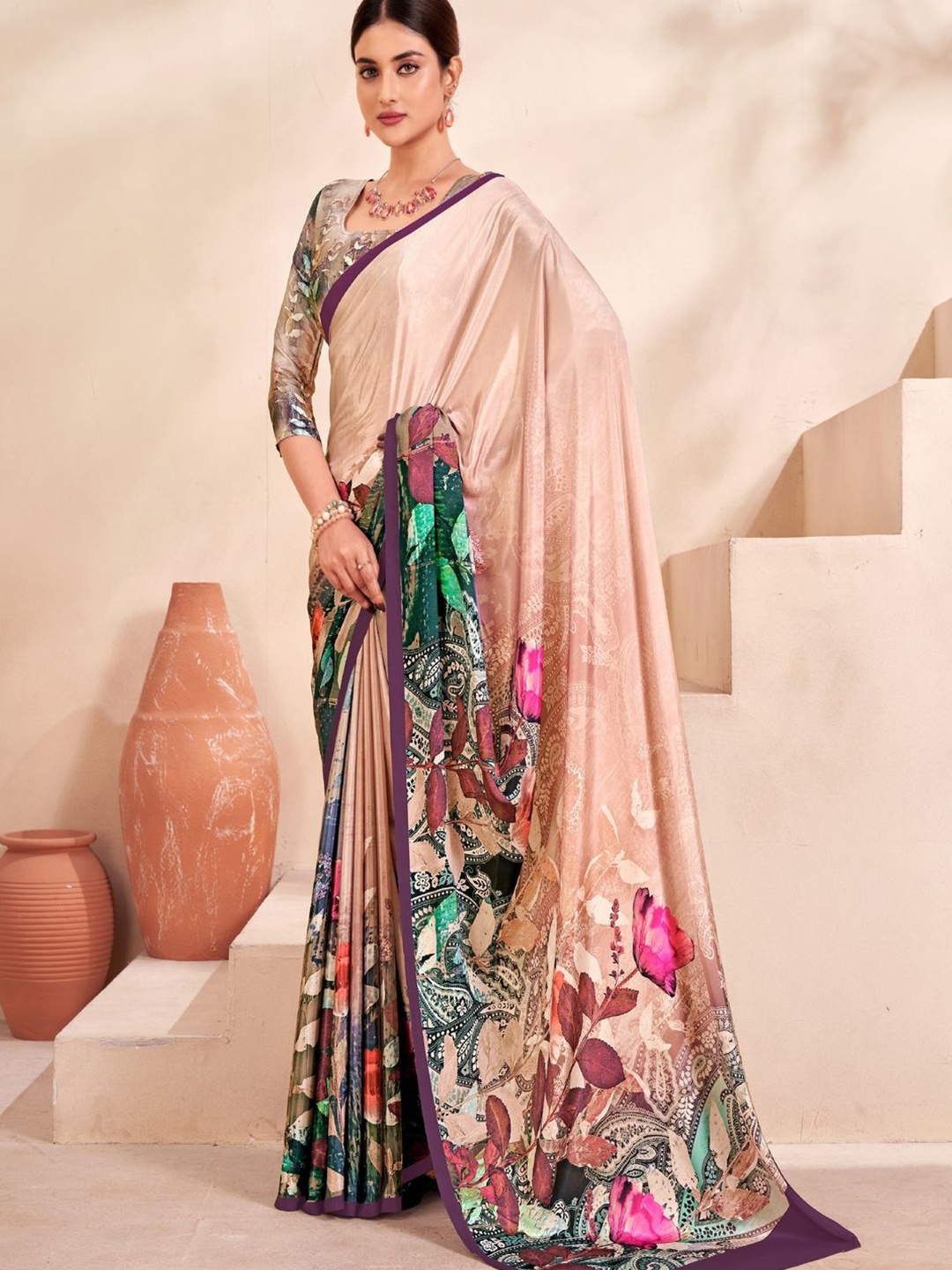 

Suha Floral Poly Crepe Saree, Beige