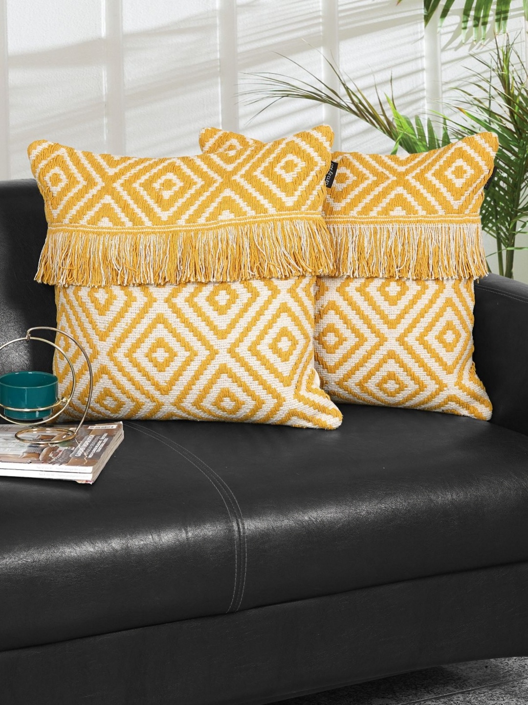 

Ode & Cleo Mustard & White Set of 2 Abstract Square Cushion Covers