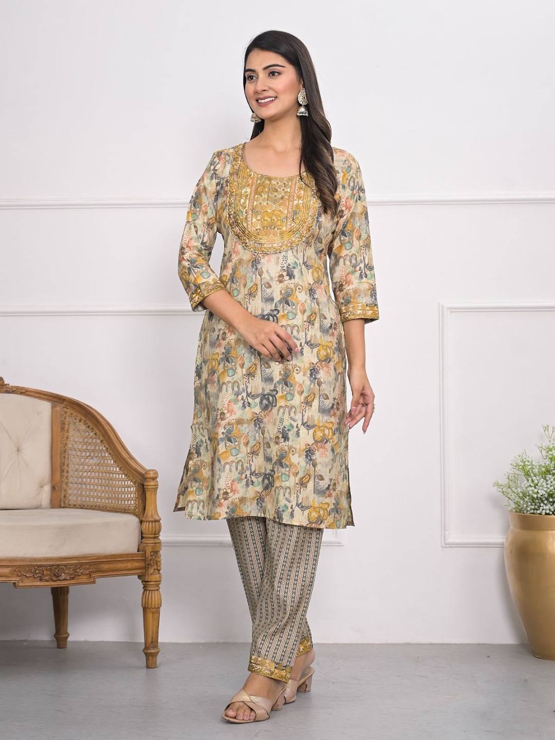 

ODETTE Women Floral Embroidered Regular Kurta with Trousers, Mustard