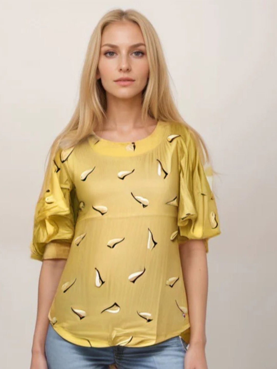 

Errabelly Print Flared Sleeve Cotton Top, Yellow