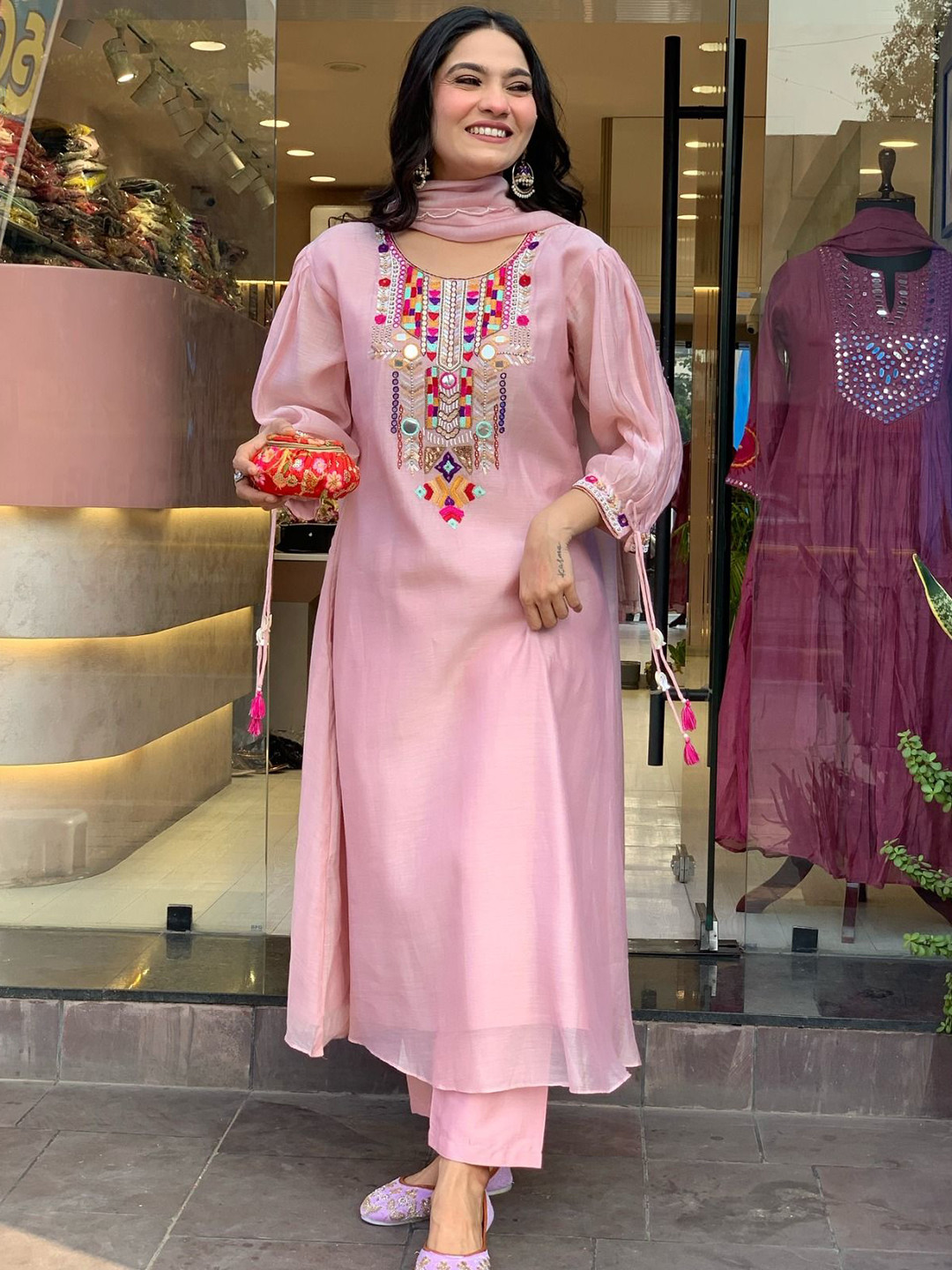 

KALINI Women Embroidered Regular Chanderi Silk Kurta with Palazzos & With Dupatta, Pink