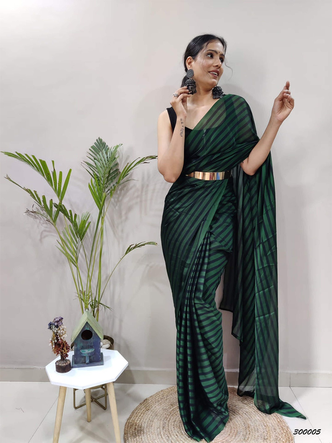 

HERE&NOW Striped Satin Jamdani Saree, Green