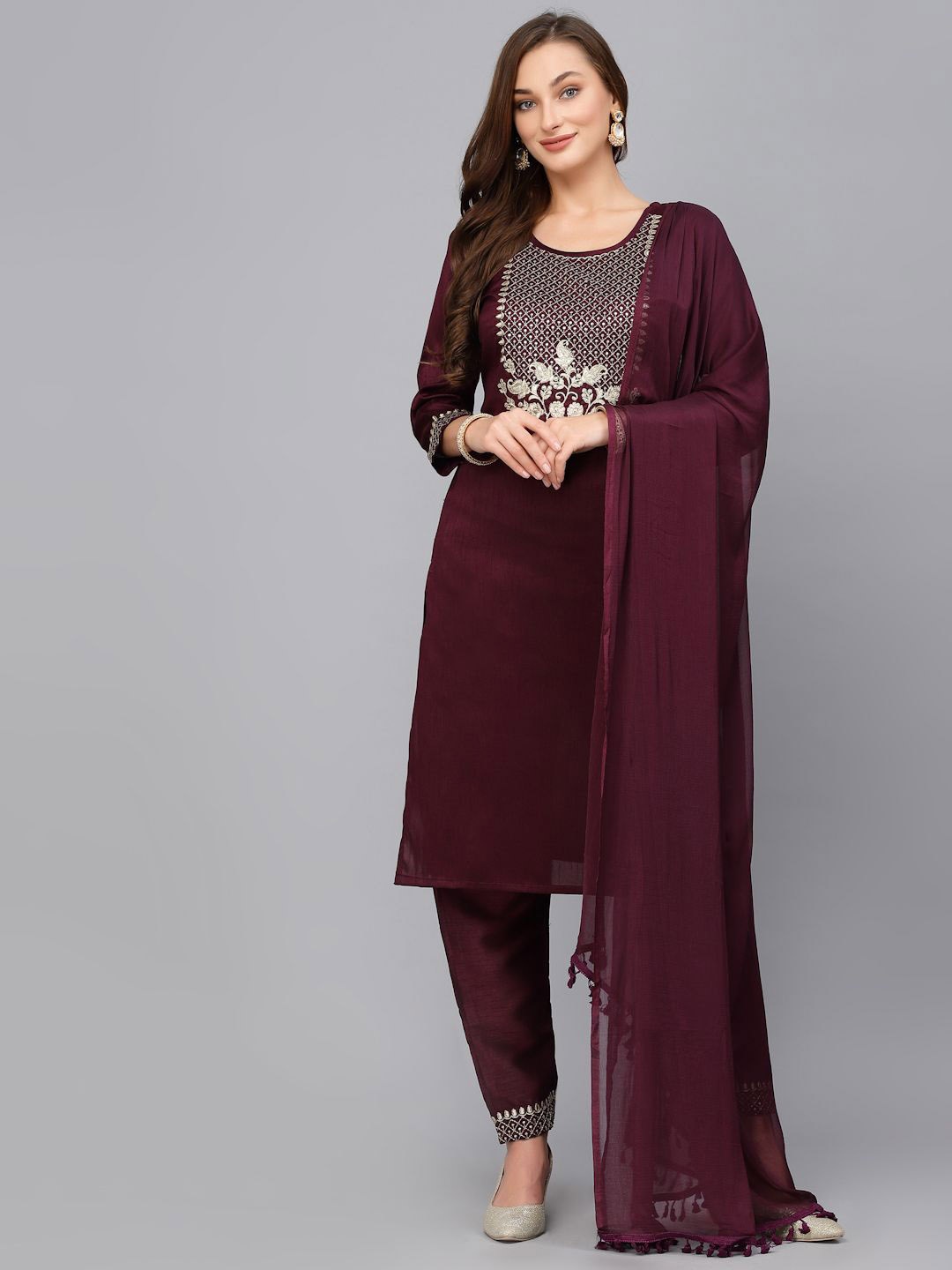 

BAESD Women Floral Embroidered Regular Kurta with Trousers & With Dupatta, Purple