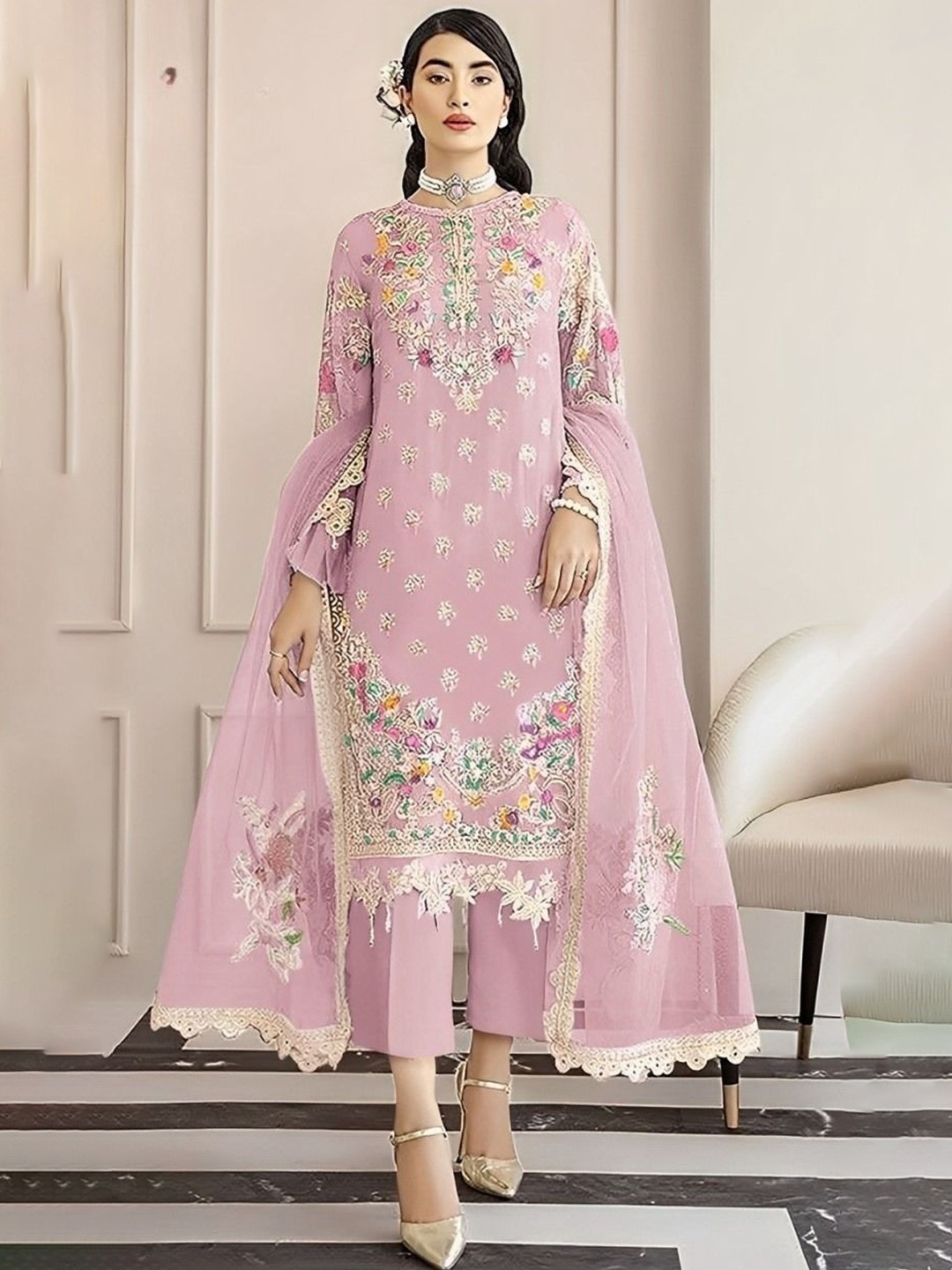 

REET MAHAL Floral Embroidered Beads And Stones Pure Cotton Unstitched Dress Material, Pink