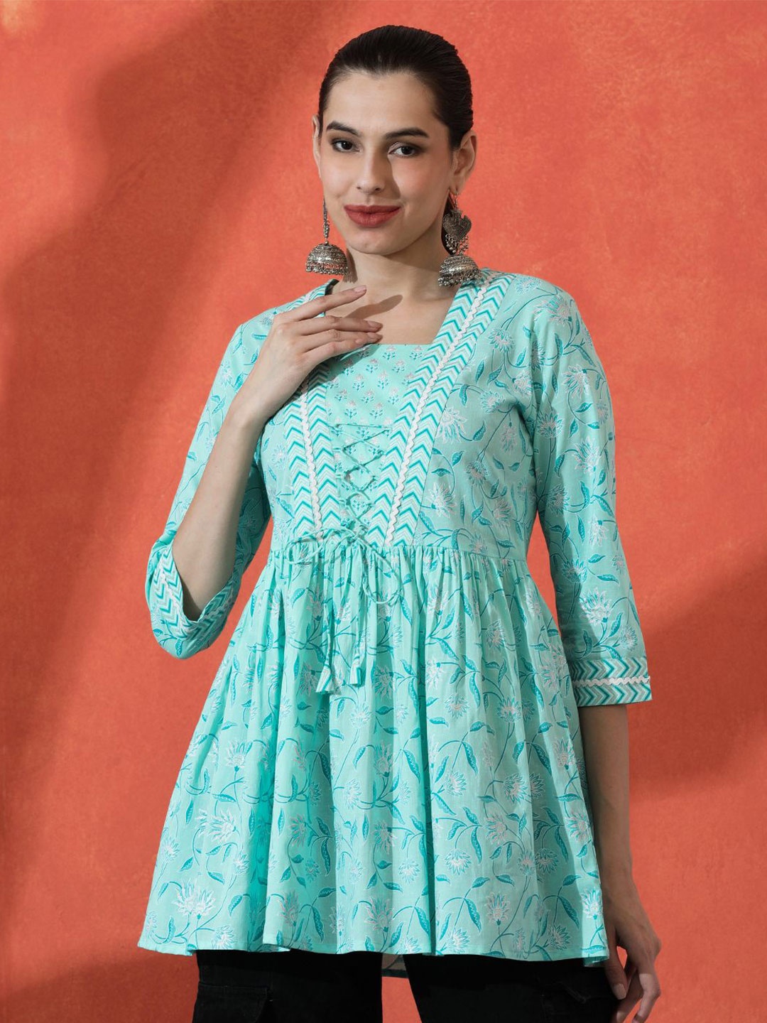 

Sangria Printed Pure Cotton A-Line Kurti, Turquoise blue