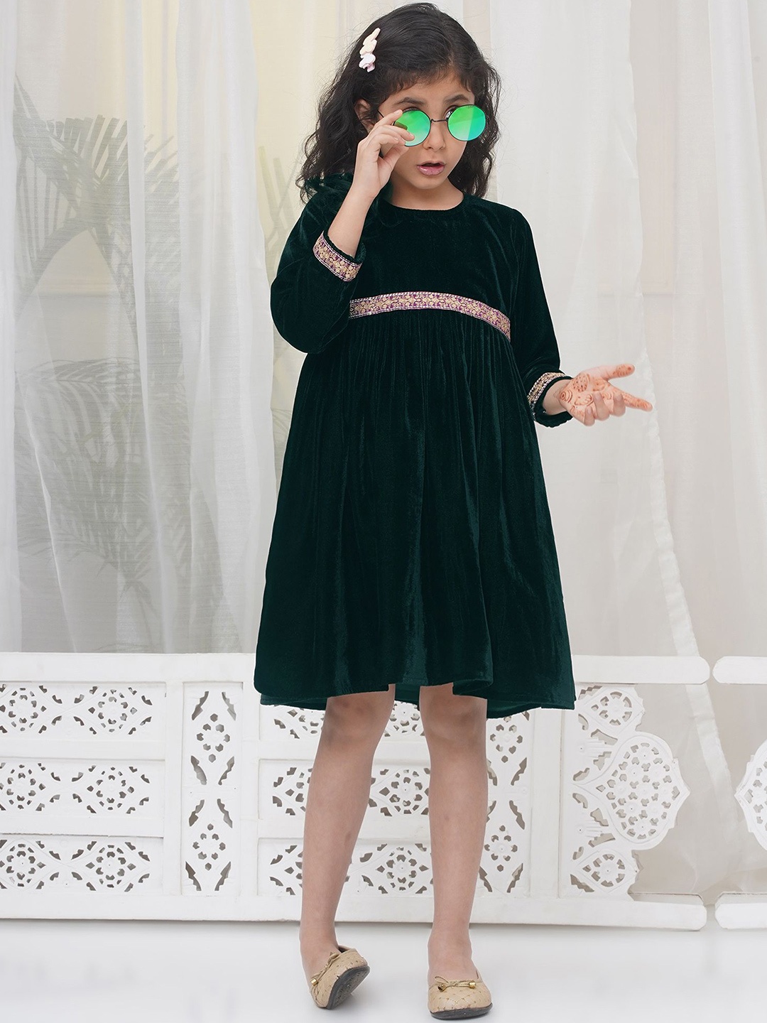 

Little Bansi Velvet A-Line Dress, Green