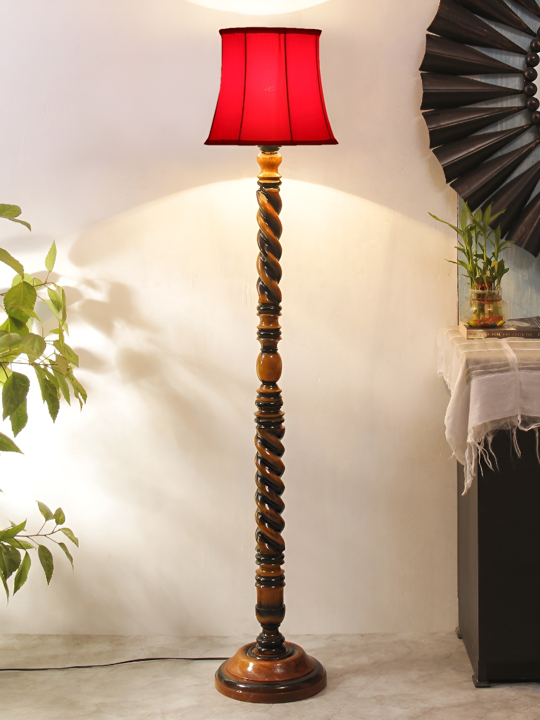 

Devansh Red & Brown Cotton Conical Wooden Floor Lamp