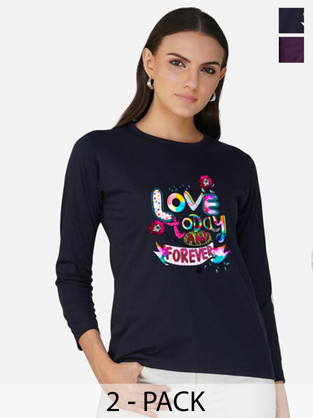 

Metronaut Women 2 Printed Bio Finish Applique T-shirt, Navy blue