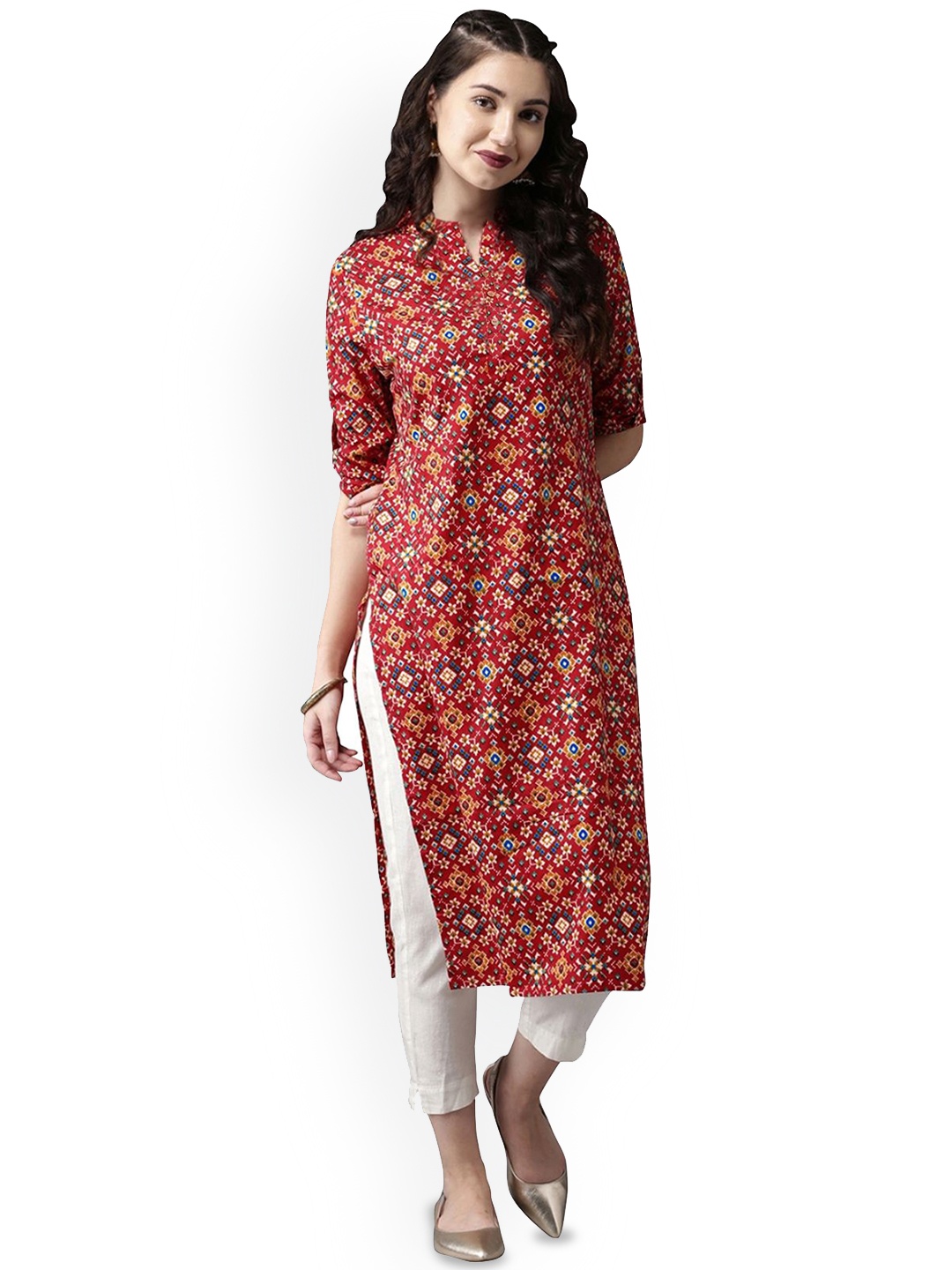 

Moda Rapido Geometric Printed Mandarin Collar Straight Kurta, Red