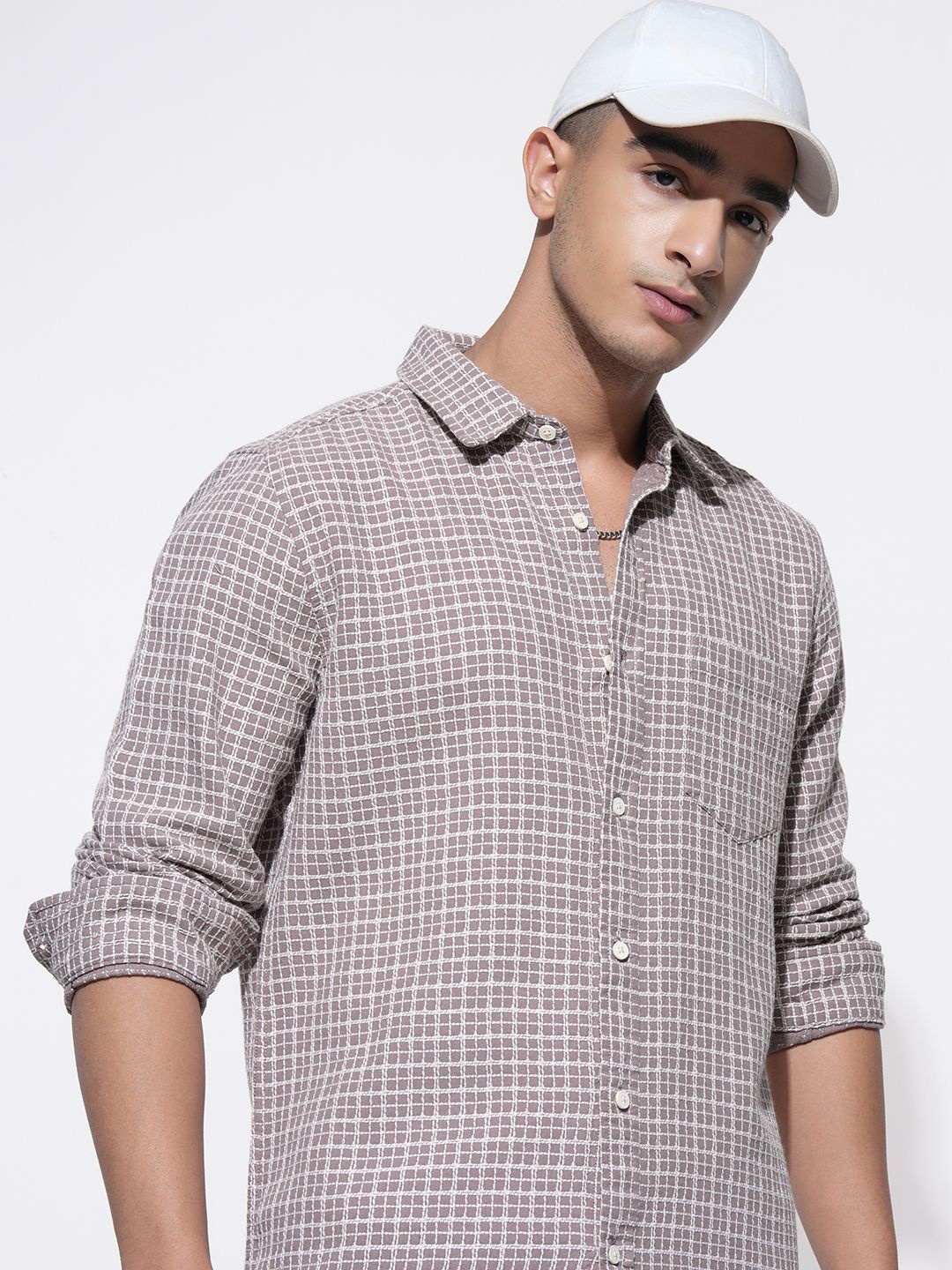 

HIGHLANDER Men Comfort Slim Fit Opaque Checked Casual Shirt, Pink