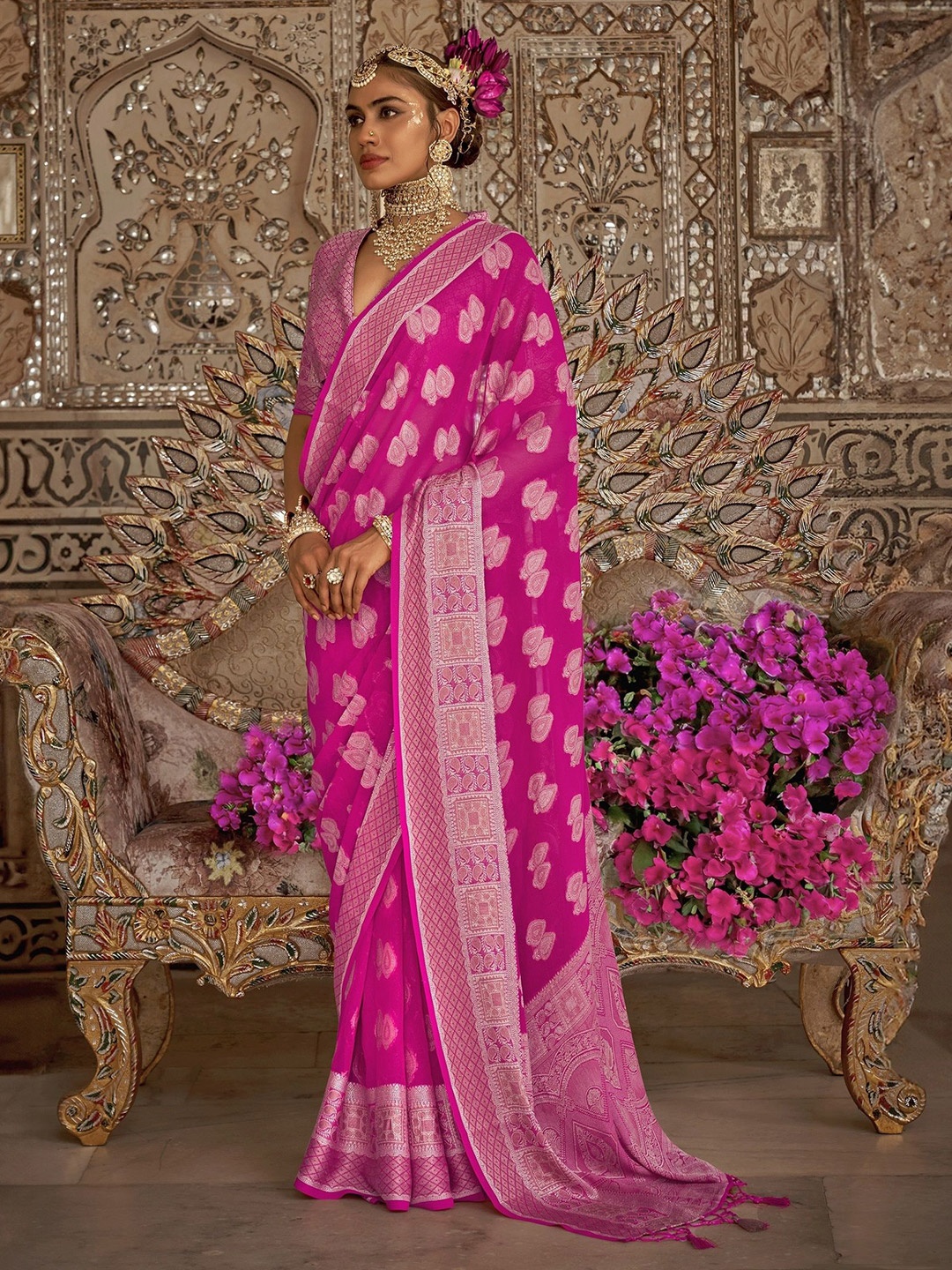 

MAHALASA Woven Design Zari Pure Georgette Banarasi Saree, Pink